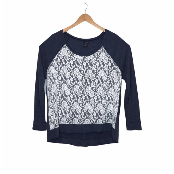 Torrid Womens Size 1 US 1X Lace Overlay Top Hi‎ Lo Blue Raglan Sleeve  Stretch - Picture 5 of 8